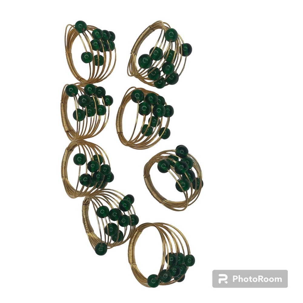 Emerald Green Bead and Gold Napkin Rings Set of 8